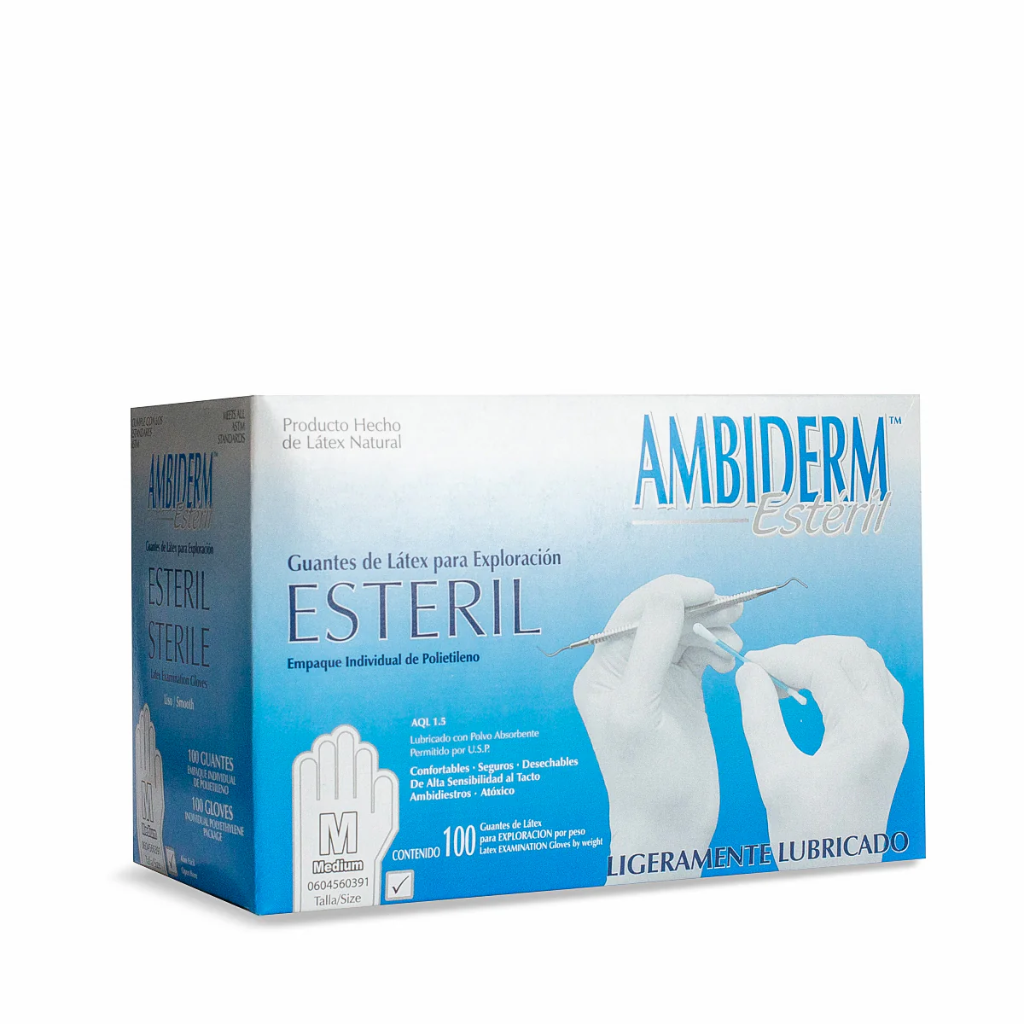 GUANTES DE LATEX ESTERIL PARA EXPLORACIÓN CAJA C/100 AMBIDERM (CHICO)